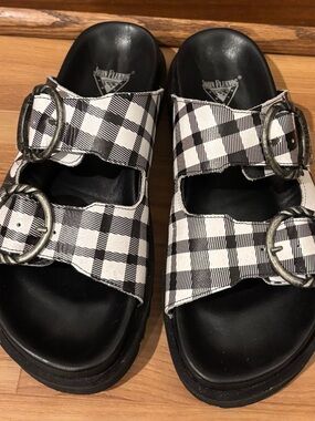 John Fluevog Black & White Gingham Double Buckle Sandals